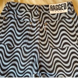 Wavy abstract printed high waisted blue jeans dad/ mom fit straight leg